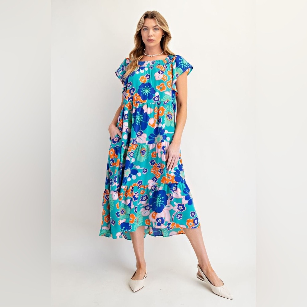 Floral Seafoam Tiered Maxi/Midi Dress NWT